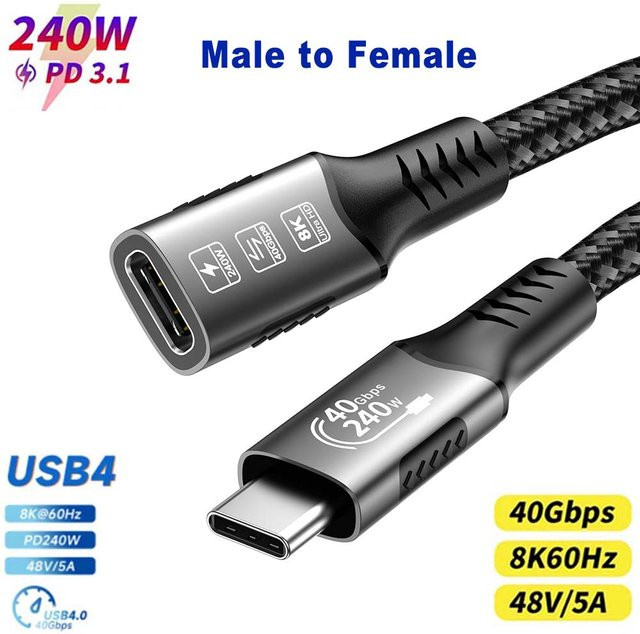 FDBOY USB4 Typ C Kabel 240W Schwarz mit 40Gbps und 8K@60Hz Unterstützung für Thunderbolt 3/4 sowie PD3.1 und QC4.0 Schnellladung - Bild 1