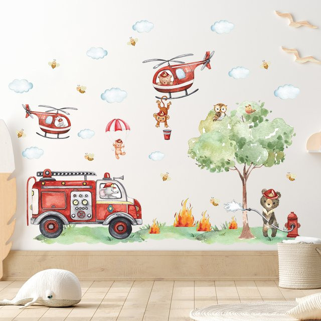 BRUP Wandtattoos für Kinderzimmer mit Feuerwehr-Motiven wie Hubschrauber und Feuerwehrauto in Mehrfarbig - Bild 1