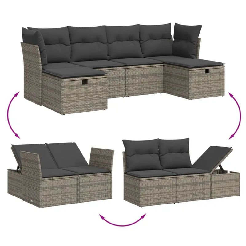 vidaXL 6-teilige Garten-Sofagarnitur in L-Form aus Poly Rattan und Metall in Grau mit Kissen und Ottoman - Bild 3