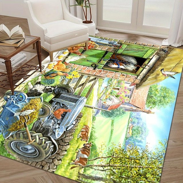 Lodestar Teppichmatte mit Bauernhoftier-Motiv für Kinderzimmer und Schlafzimmer, buntes Huhn Schwein Kuh Muster, B/B: 50 x 80 cm - Bild 1