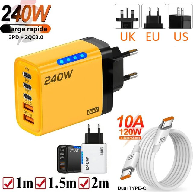 240W GaN-Schnellladegerät mit LED-Licht in Gelb, 5-in-1 Multi-Port-Ladegerät mit 2 USB und 3 Type-C Anschlüssen für iPhone 15-17 Serie, Samsung, Huawei und Xiaomi - Bild 1