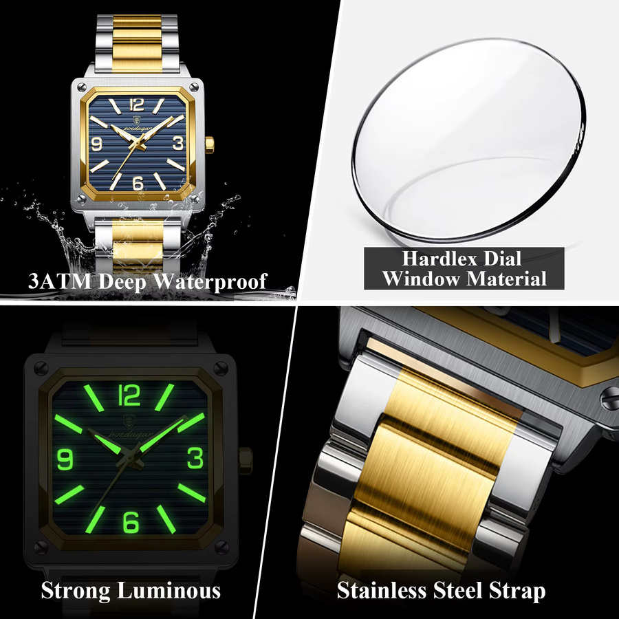POEDAGAR Armbanduhr Edelstahl, Quarz, Eckig, Blau, Herren - Bild 4