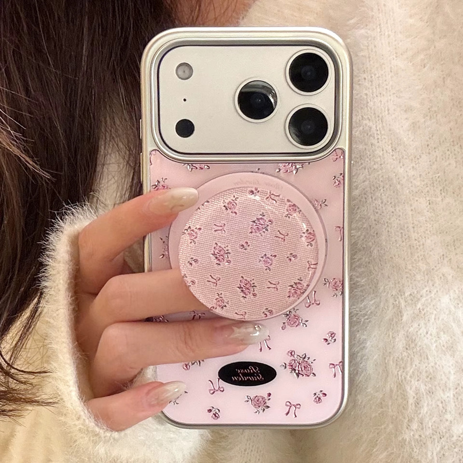 MUQGEW Handyhülle mit koreanischem Blumenmuster und silberner Randbeschichtung für iPhone 12 bis 17 Pro Max, magnetisch und stoßfest, Farbe: Pink/Silber - Bild 2