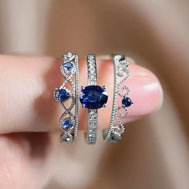Huitan Ringe Set, Silber, blaue Zirkonia, Damen - Bild 1