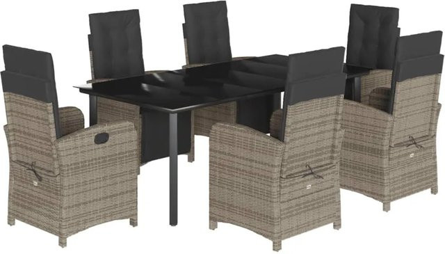 vidaXL 7-teilige Garten-Essgruppe aus Poly-Rattan mit Kissen in Grau und Hartglas-Tischplatte - Bild 1