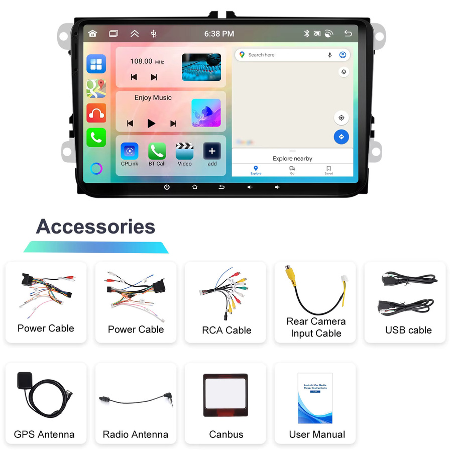 Podofo Android Auto und Wireless CarPlay Autoradio mit GPS Navigation, AI Sprachsteuerung und Multimedia Player in Schwarz - Bild 4