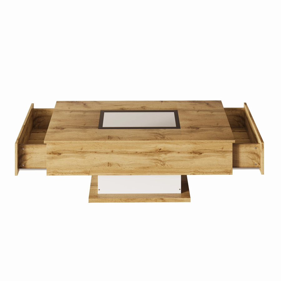 okwish Couchtisch mit LED-Licht und 2 Schubladen aus Glas und MDF in Wild Oak, B/T/H: 110,2 x 60,0 x 39,7 cm - Bild 2