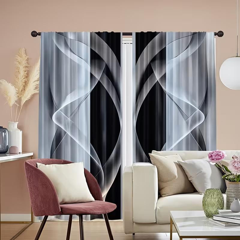 Tonnika Chen Vorhang Set mit Kurvendruck in Schwarz-Weiß aus Polyester, 2 Stück, B: 100 cm, H: 70 cm - Bild 2
