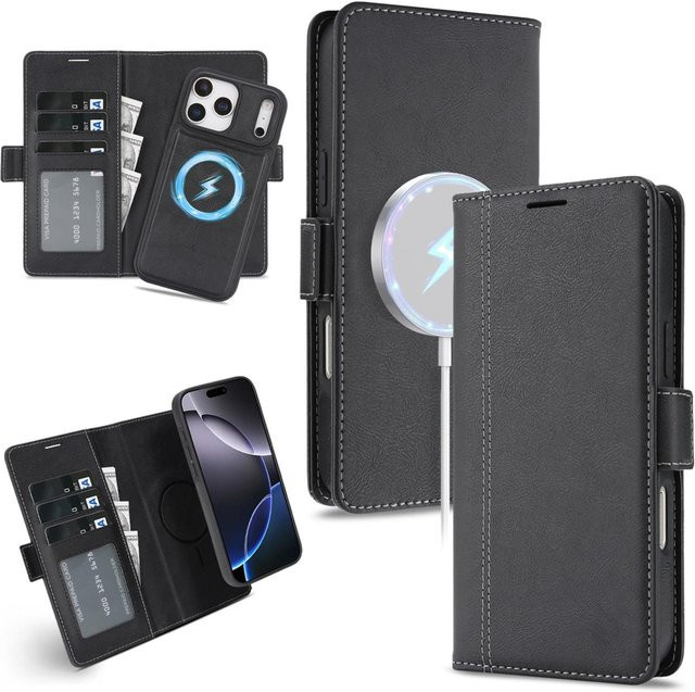 2-in-1 MagSafe Flip Leder Handyhülle mit Kartenhalter für Apple iPhone 12 bis iPhone 17 Air in Schwarz - Bild 1