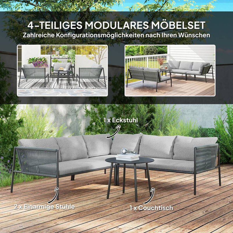 Outsunny Polyrattan Gartenmöbel Set mit Eckstuhl, zwei einarmigen Stühlen und abnehmbarem Couchtisch in Dunkelgrau - Bild 2