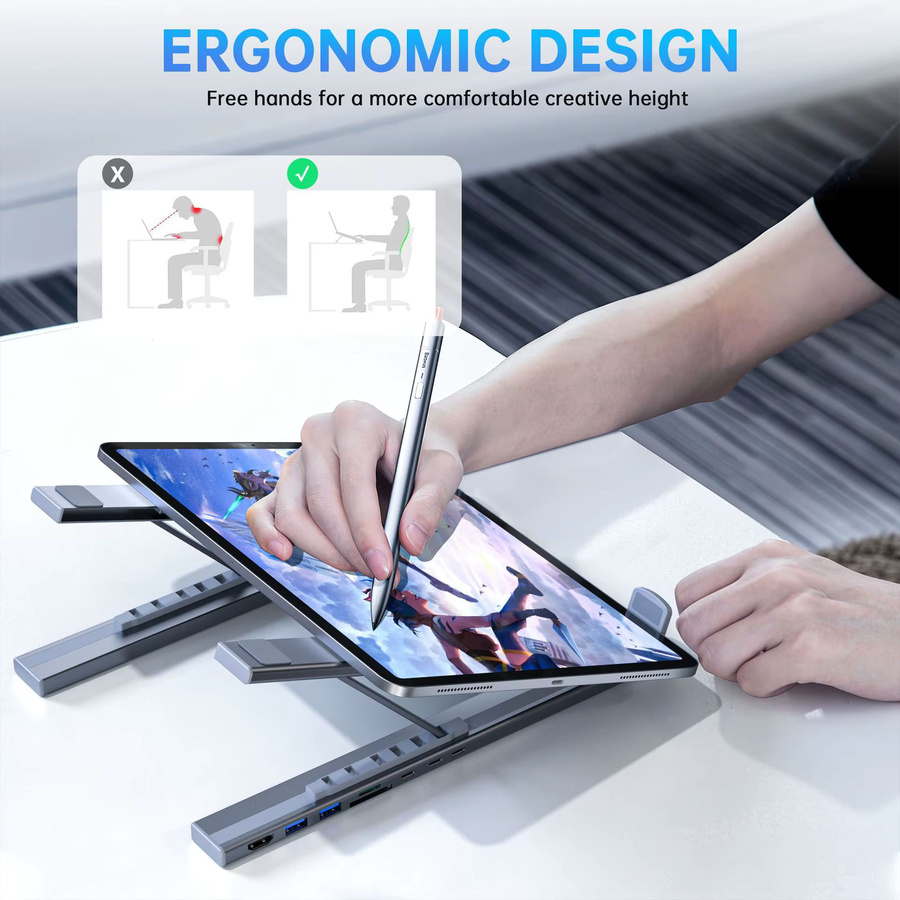 kebidumei 7-in-1 USB C Laptop Stand Docking Station mit HDMI, USB 3.0 und SD/TF Kartenleser, verstellbare Aluminium Halterung in Silber - Bild 4
