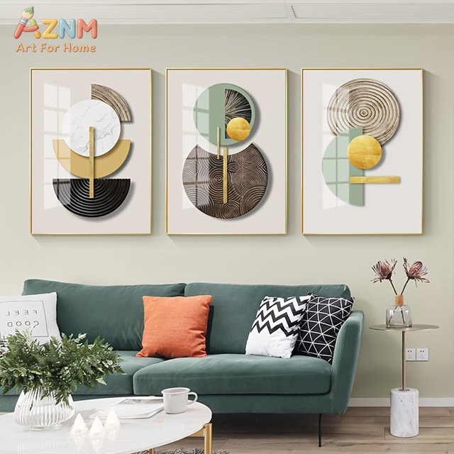AZNM Wandkunst Set aus 3 Stück, minimalistisches abstraktes Canvas Poster in Grün und Gold mit geometrischen Formen, Marmorstruktur und Wellenlinien - Bild 1
