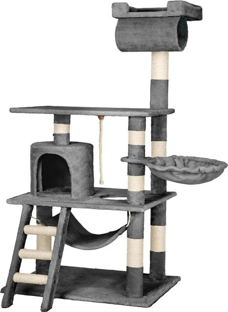 tectake Kratzbaum mit Katzenhaus und Spielzeug in Grau, B/T/H: 86 x 49 x 141 cm - Bild 2