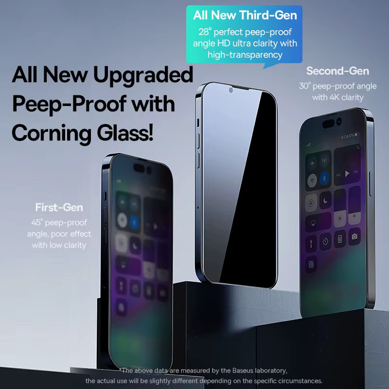 Baseus Displayschutzfolie aus Corning gehärtetem Glas mit Anti-Peeping-Funktion und Auto-Installation für iPhone 17, 16, 15, 14, 13 Pro Max Plus, transparent, 0,4 mm - Bild 4
