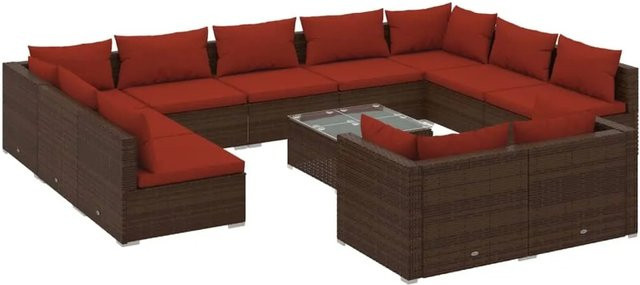 vidaXL 12-tlg. Garten-Lounge-Set in U-Form mit Kissen und Ottoman, Braun/Rot, Poly-Rattan und Metallgestell - Bild 1