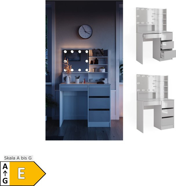 Vicco Schminktisch Sherry Weiß Hochglanz mit LED Beleuchtung und Spiegelregal B/T/H: 90 x 40 x 75 cm - Bild 2
