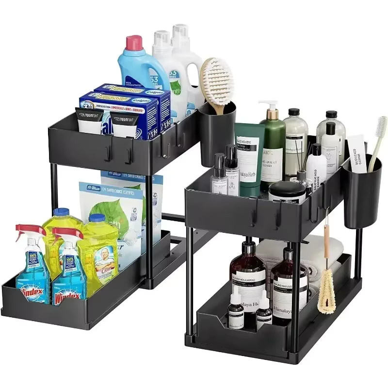 CZSAE 2-stufiger Multifunktions-Organizer für Küchenspüle und Badezimmer, schwarzer Schiebeschrankkorb aus Kunststoff mit Haken, B/T/H: 36,0 x 39,5 x 2,0 cm - Bild 2