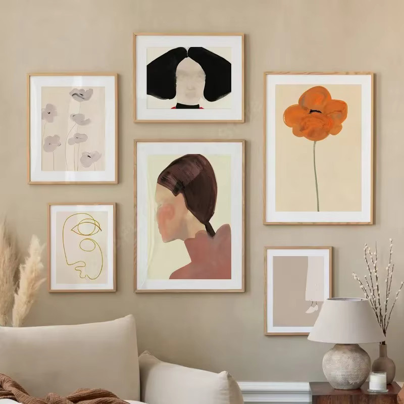 Potdemiel Abstrakte Leinwandmalerei für dein Wohnzimmer mit Mädchen, Blume und geometrischen Linien im minimalistischen Design - Bild 2