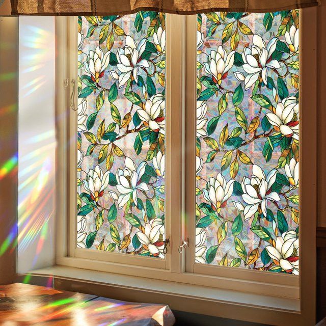 APWIKOGER Sichtschutzfolie mit floralem Rosenmuster in Multicolor, dekorative Fensterfolie aus Buntglas als abnehmbare statische Aufkleber - Bild 1
