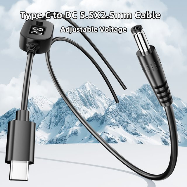 Geris Power USB-C auf DC 5,5x2,5mm Stromversorgungskabel mit einstellbarem Spannungsadapter, Schwarz - Bild 1