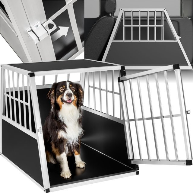 tectake Hundetransportbox Single Schwarz aus Aluminium und Holz mit schräger Rückwand und Gittertür B/T/H: 66 x 90 x 69,5 cm - Bild 1
