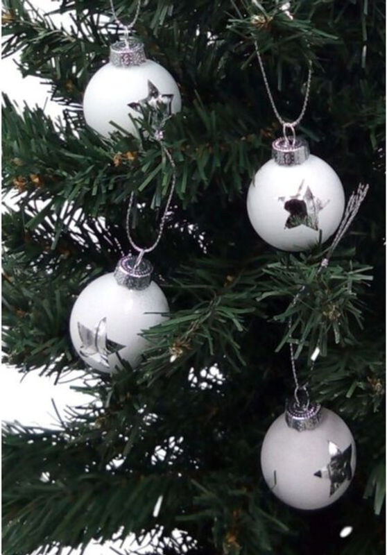 BURI Glas-Weihnachtsbaumkugeln 4er-Set in Weiß mit Stern-Design, Durchmesser: 6 cm - Bild 1