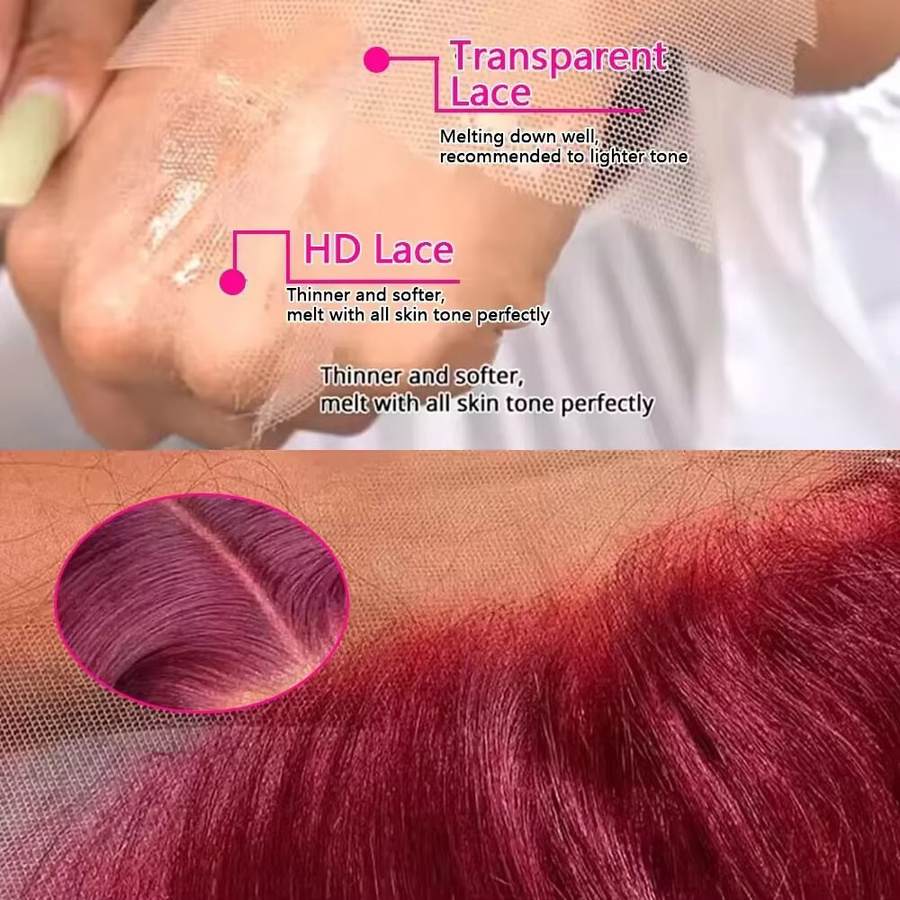 Graww Rote Body Wave HD Lace Frontal Perücke, Burgunderrot, Damen - Bild 3