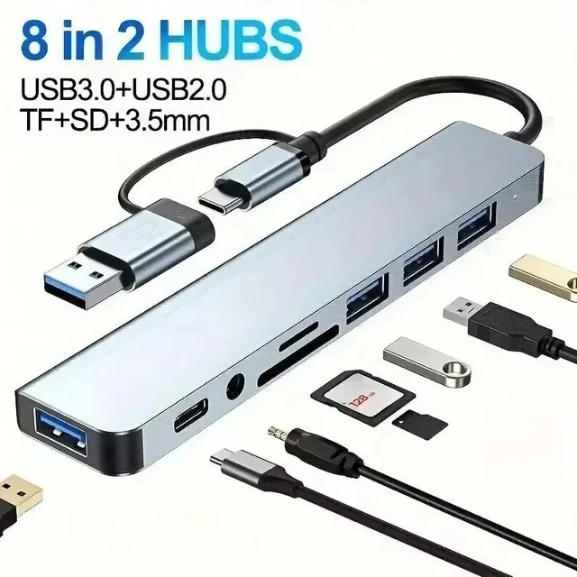 8-in-2 USB und Typ-C Dockingstation mit 3,5mm Audio-Anschluss und Micro-SD-Kartenleser als Adapter für Laptop, Tablet und Handy - Bild 1