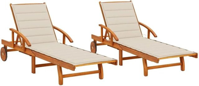 vidaXL Sonnenliegen Set aus 2 Stück aus Akazien-Massivholz mit beigen Auflagen und verstellbarer Kopfstütze - Bild 1