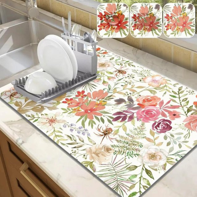 Saugfähige Abtropfmatte von Lodestar mit rosa Rosenblüten für die Küchenarbeitsplatte, B/B: 60 x 40 cm, Pink/Mehrfarbig - Bild 1