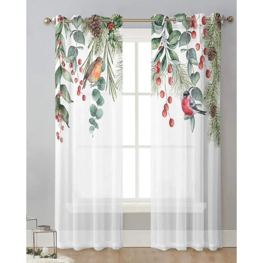 Yiran Furniture Weihnachtsvorhang mit Eukalyptus, Beeren und Rotkehlchen, transparenter Tüll-Voile mit Ösen, Breite: 135 cm, Höhe: 115 cm - Bild 2