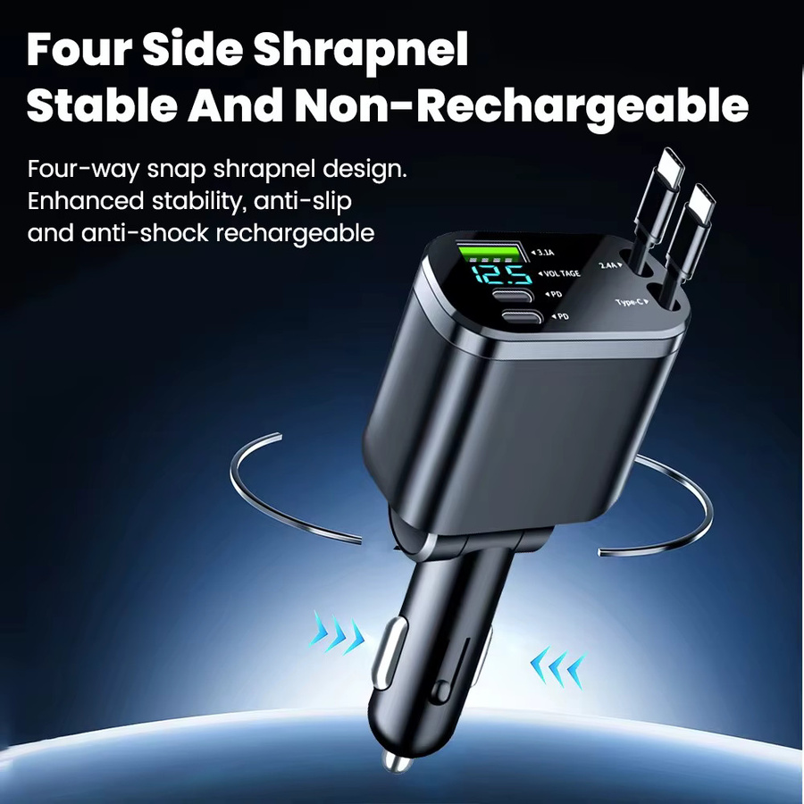 Kebidumei 5-in-1 Einziehbares Autoladegerät mit USB-C, PD und QC3.0 Fast Charge Zigarettenanzünder-Adapter für iPhone, Huawei und Samsung in Schwarz - Bild 5