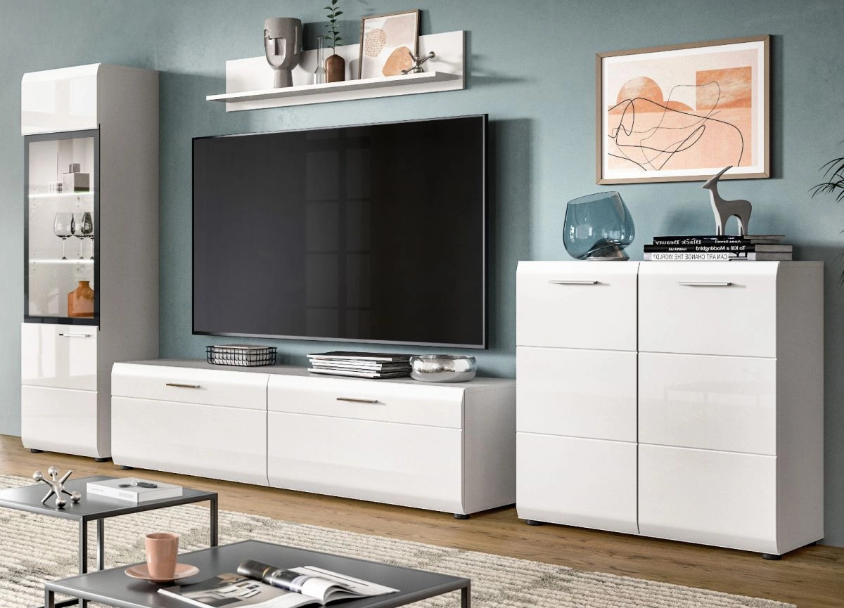 Wohnwand Inn.Furn in Weiß Hochglanz mit Vitrine, Lowboard und Regalen, Breite: 315 cm, Höhe: 160 cm - Bild 1