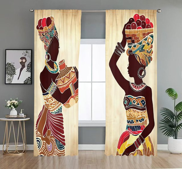 2er-Set Ethnische Vorhänge mit Afrikanischem Frauenmuster in Bunt, Semi-transparent, Breite: 50 cm, Höhe: 50 cm - Bild 1