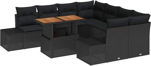 vidaXL Garten-Sofa-Set aus Poly Rattan und Stahl in Schwarz, 9-teiliges Lounge-Set mit Stauraum und Polstern - Bild 1
