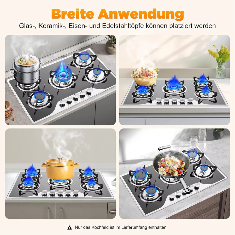 Fridgestea Einbau-Gaskochfeld mit 5 Flammen und Glasplatte in Schwarz, inklusive Wok-Brenner für Propan und Erdgas, Breite: 77,5 cm - Bild 5