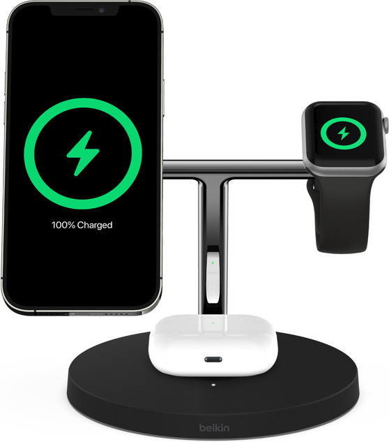 Belkin BoostCharge Pro 3-in-1 Drahtloses Ladegerät mit MagSafe für Smartphone, Smartwatch und Kopfhörer, Schwarz - Bild 1