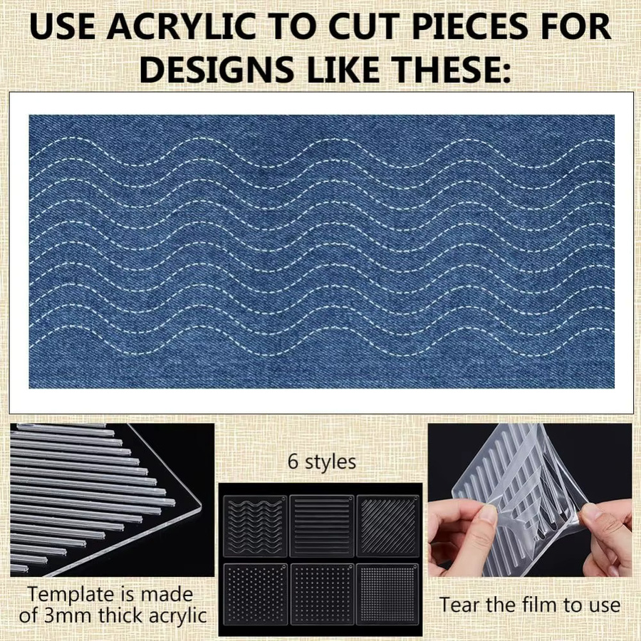 6 Stück Acryl Sashiko Schablonen Set mit Punkten, Linien und Schrägstrichen für Stickerei und Hand Quilten, transparent - Bild 4