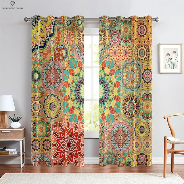 Bunter karierter Vorhang im Retro-Boho-Stil, halbtransparent, Mehrfarbig, B: 70 cm, H: 100 cm, 2er-Set - Bild 1