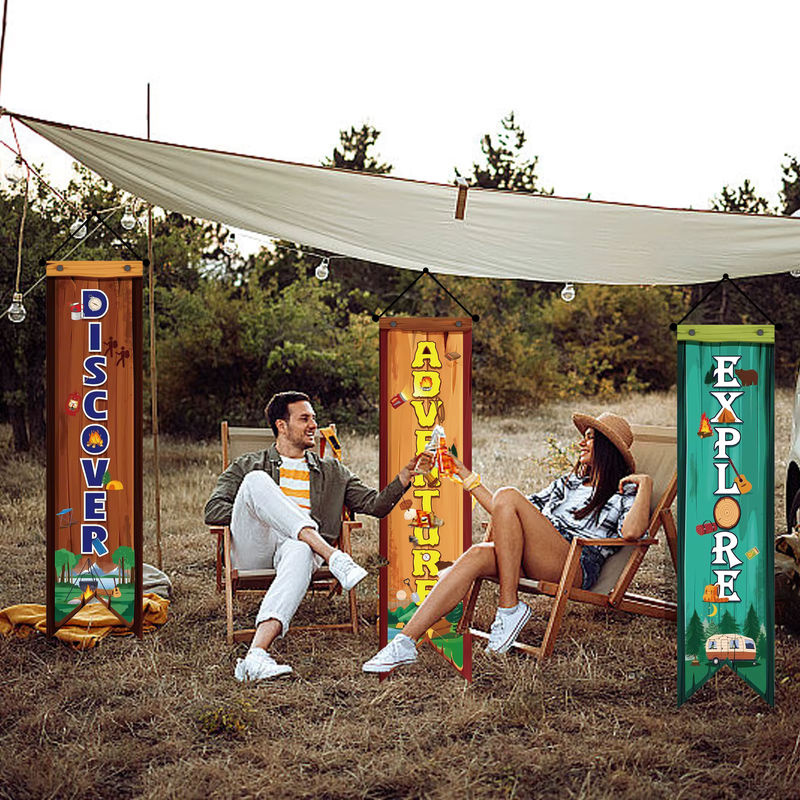 3er-Set Camping Party Banner mit Motivationswörtern und Willkommen-Schriftzug, mehrfarbig, rustikaler Textil-Wimpel für deine Wohnmobil-Dekoration - Bild 3
