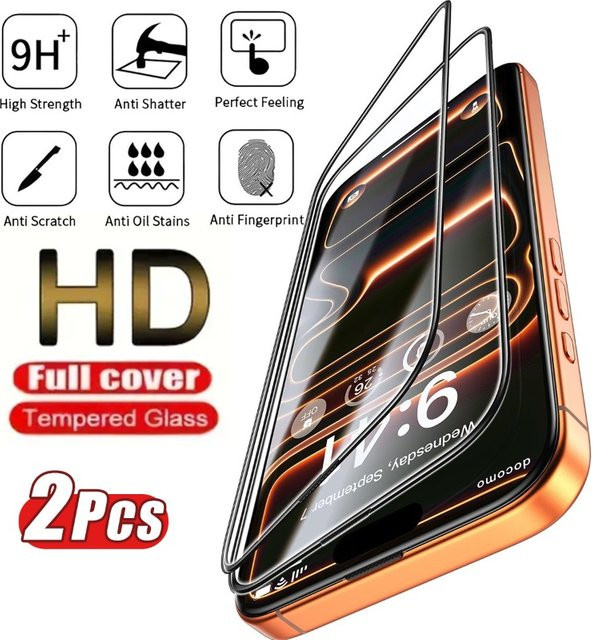 2 Stück Panzerglas mit schwarzem Rand für Apple iPhone 17 16 15 14 13 12 11 Pro Max Mini XR XS in Transparent/Schwarz - Bild 1