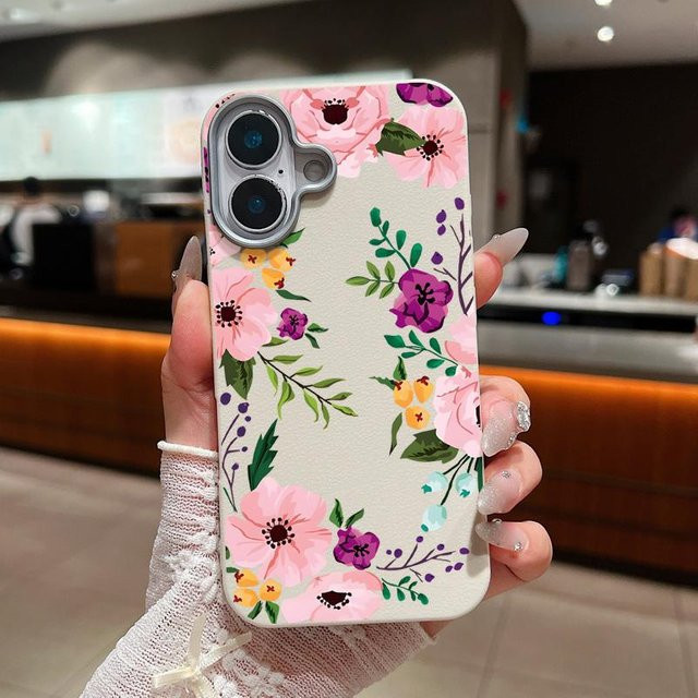 Yiran Handyhülle mit Blumenmuster und Ledertextur aus weichem TPU für iPhone 11 bis iPhone 16 Pro Max, Mehrfarbig - Bild 1