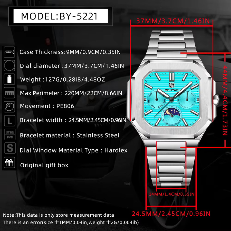 BENYAR Armbanduhr Quarz, Edelstahl, eckig, Blau, Herren - Bild 2