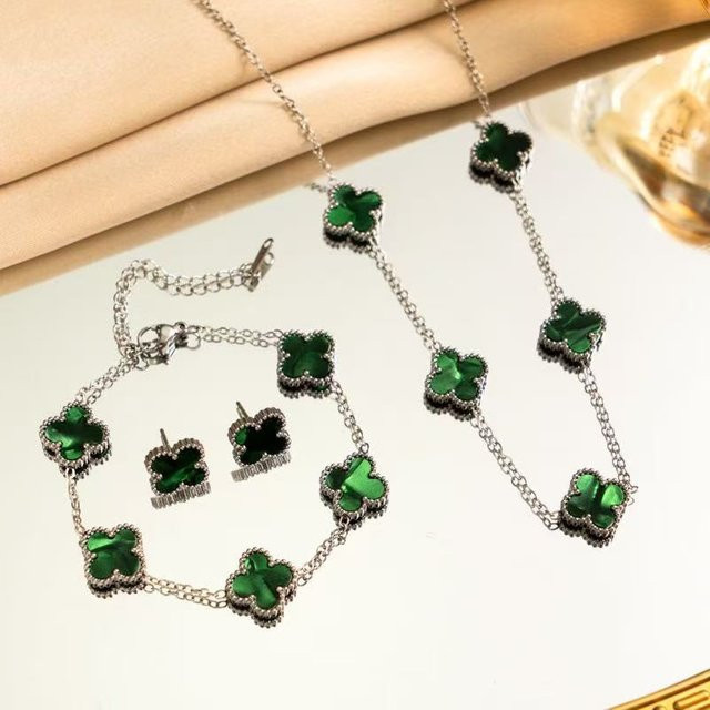 XinminTrendy Schmuck-Set Kleeblatt, Edelstahl, Silber, Damen - Bild 1