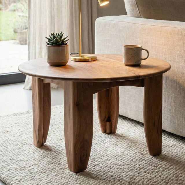 Runder Couchtisch aus Akazie Massivholz von Finebuy in Braun, Durchmesser: 60 cm, Höhe: 36 cm - Bild 1
