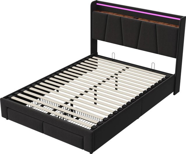 PXloue Schubladenbett in Grau und Beige mit 2 Schubladen, USB-Ladeanschluss und Stoffbezug, B/T/H: 140-160 x 200 x 107-144 cm - Bild 1
