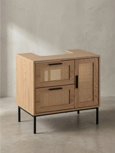 Waschbeckenunterschrank KADIMA DESIGN in Eiche-Optik mit Rattangeflecht und Braun, B/T/H: 60 x 40 x 60 cm - Bild 1