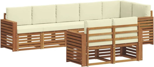 vidaXL Sofagarnitur 8-teilig L-Form aus Massivholz Akazie in Natur und Beige mit Polsterung und Kissen - Bild 1