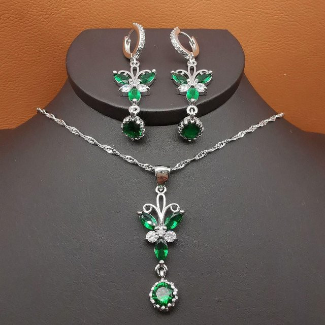 YIRAN Schmuck-Set, Ohrringe und Halskette, Kupfer, gray, Smaragd, Zirkonia, Damen - Bild 1