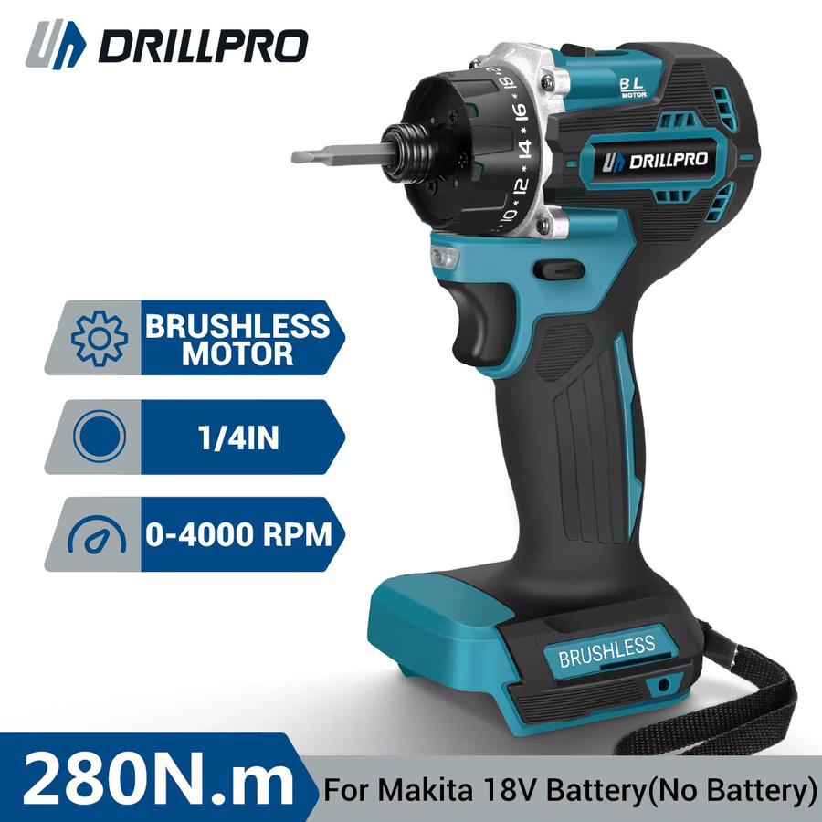Drillpro Bürstenloser elektrischer Akkuschrauber mit 280 Nm Drehmoment und 20+1 Stufen in Blau, kompatibel mit Makita LXT Akkus - Bild 2